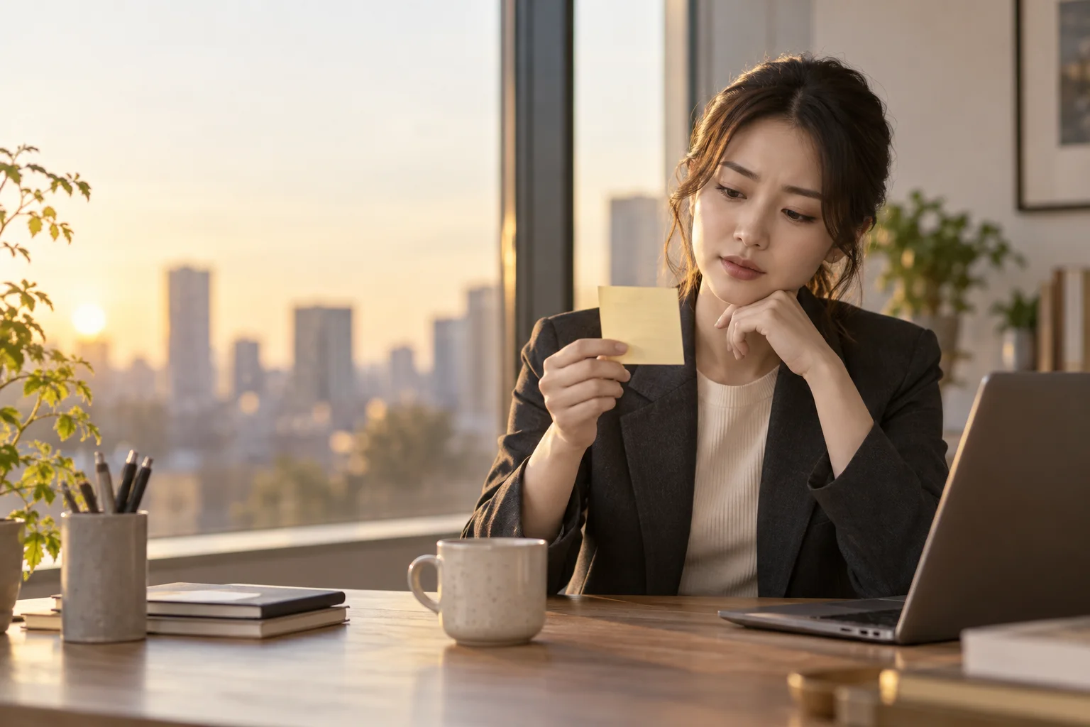 上班族女生看著主管留下的便利貼思考的情境照