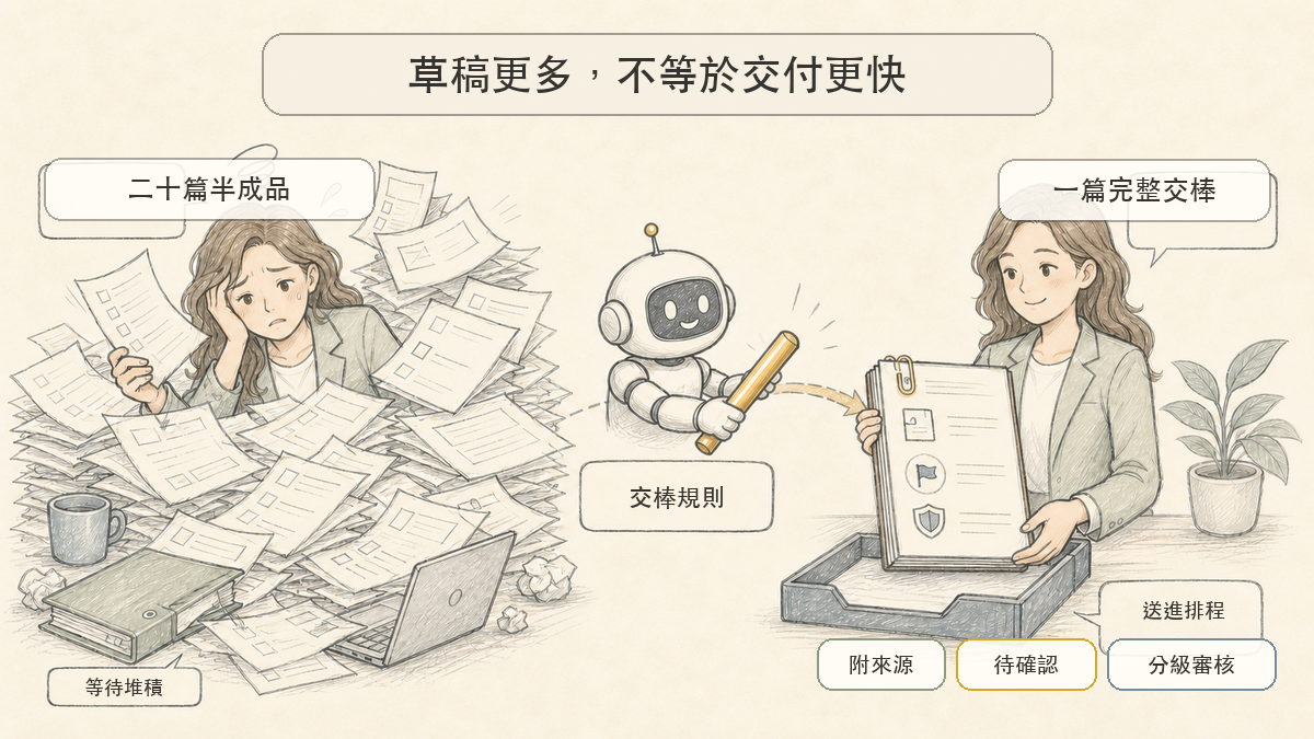 二十篇半成品與一篇完整交棒的工作流程對照