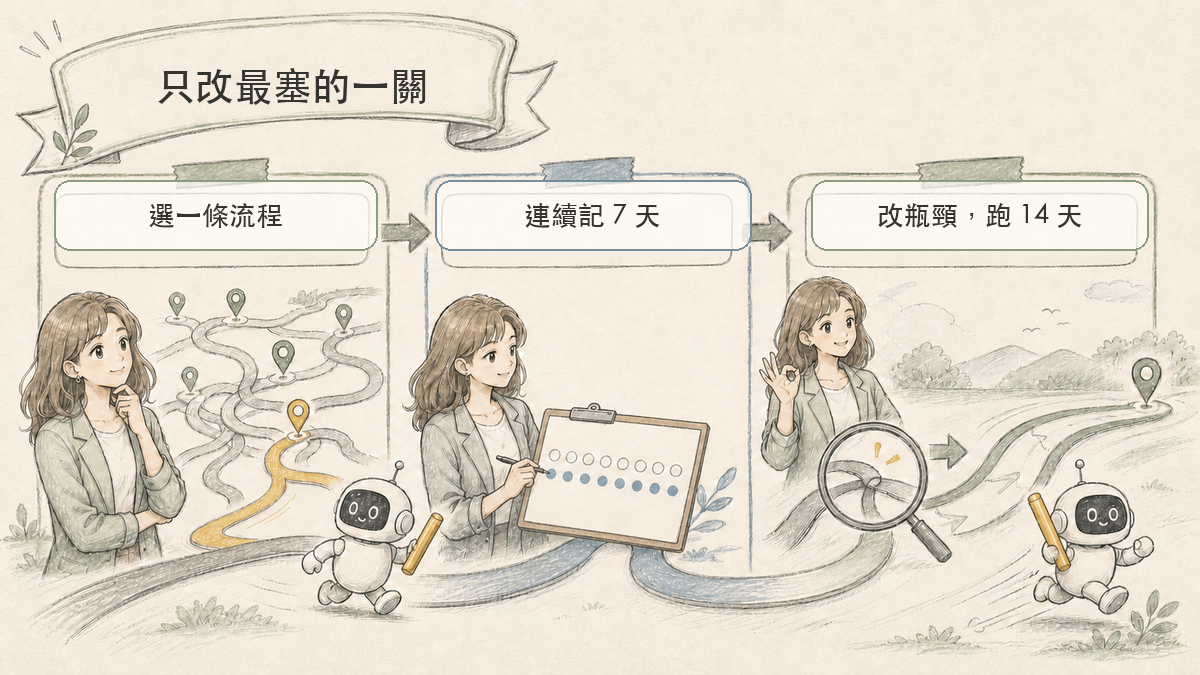 企業 AI 流程改善三步驟:選流程、記七天、改瓶頸跑十四天