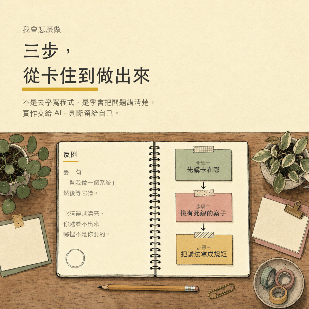 三步，從卡住到做出來：先講卡在哪、挑有死線的案子、把講法寫成規矩；左頁寫著反例