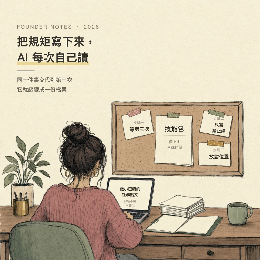 技能包一眼看懂：軟木板上貼著等第三次、只寫禁止線、放對位置三張便利貼，中間是技能包，筆電上打著做小巴黎的社群貼文