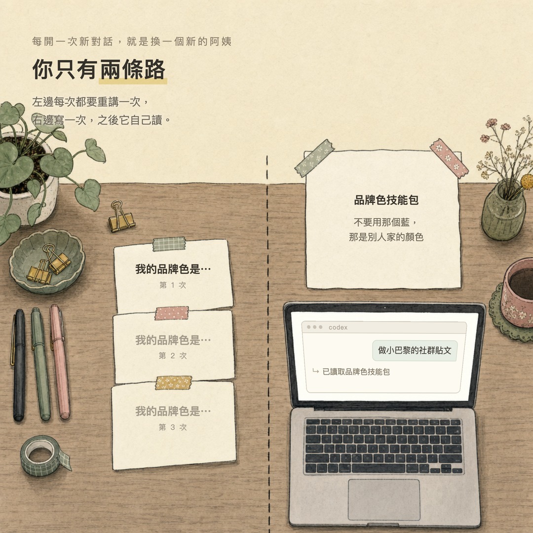 兩條路的對比圖：左邊是每次開新對話都要重講一次，右邊是寫成一份檔案讓它自己讀
