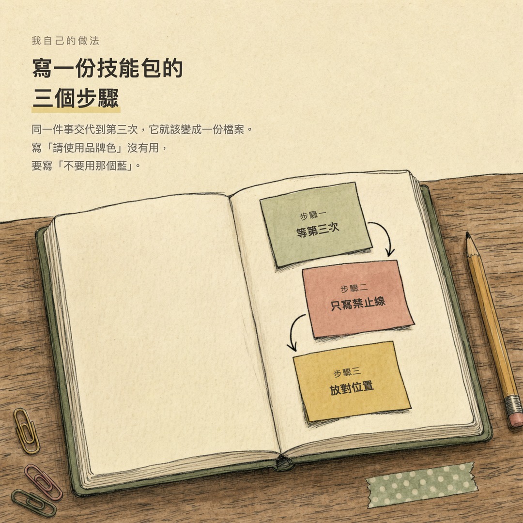 三個步驟的流程圖：等它出現第三次、只寫會出錯的地方、放在會被讀到的位置