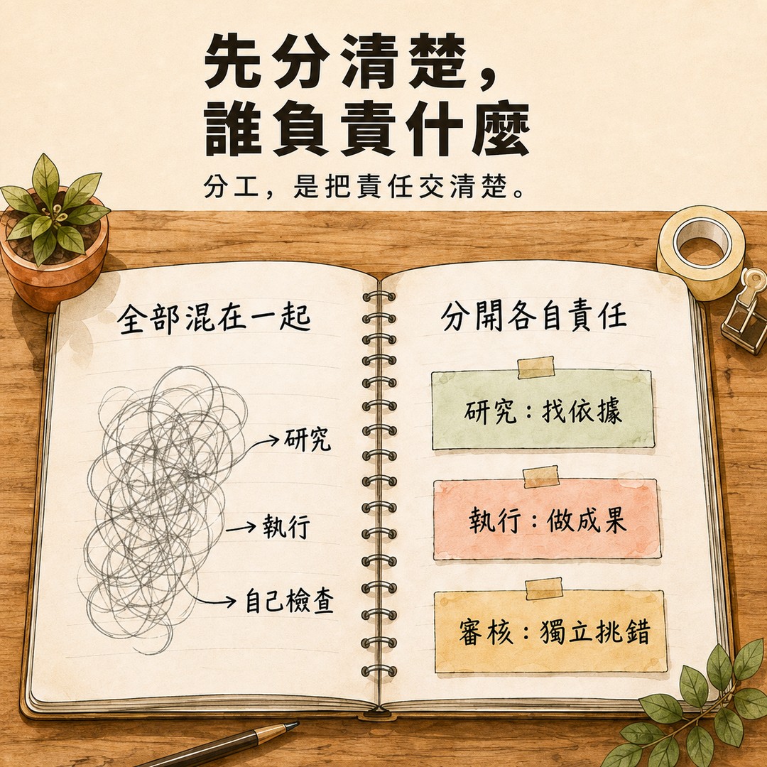 全部混在一起與分開研究、執行、審核責任的筆記本對照